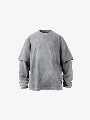 Layered Waffle Knit Long Sleeve Tee – Grey, front | XoKool
