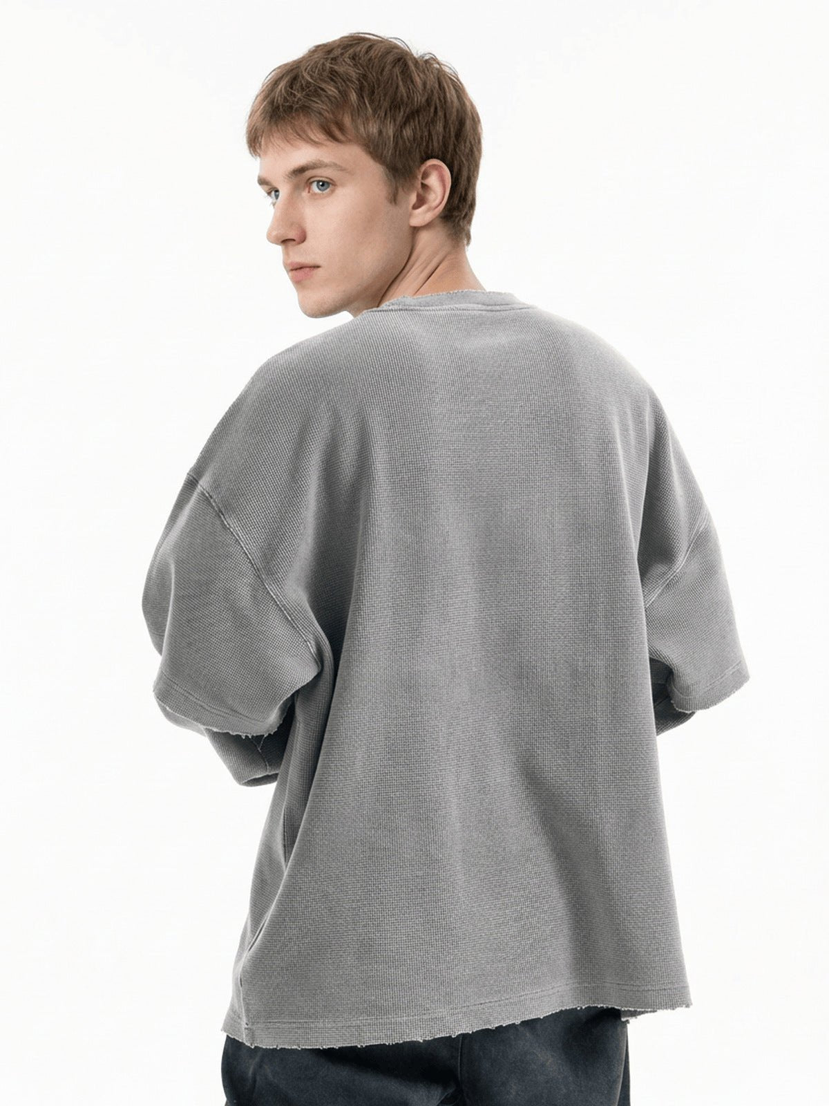 Layered Waffle Knit Long Sleeve Tee – Grey, on model back | XoKool