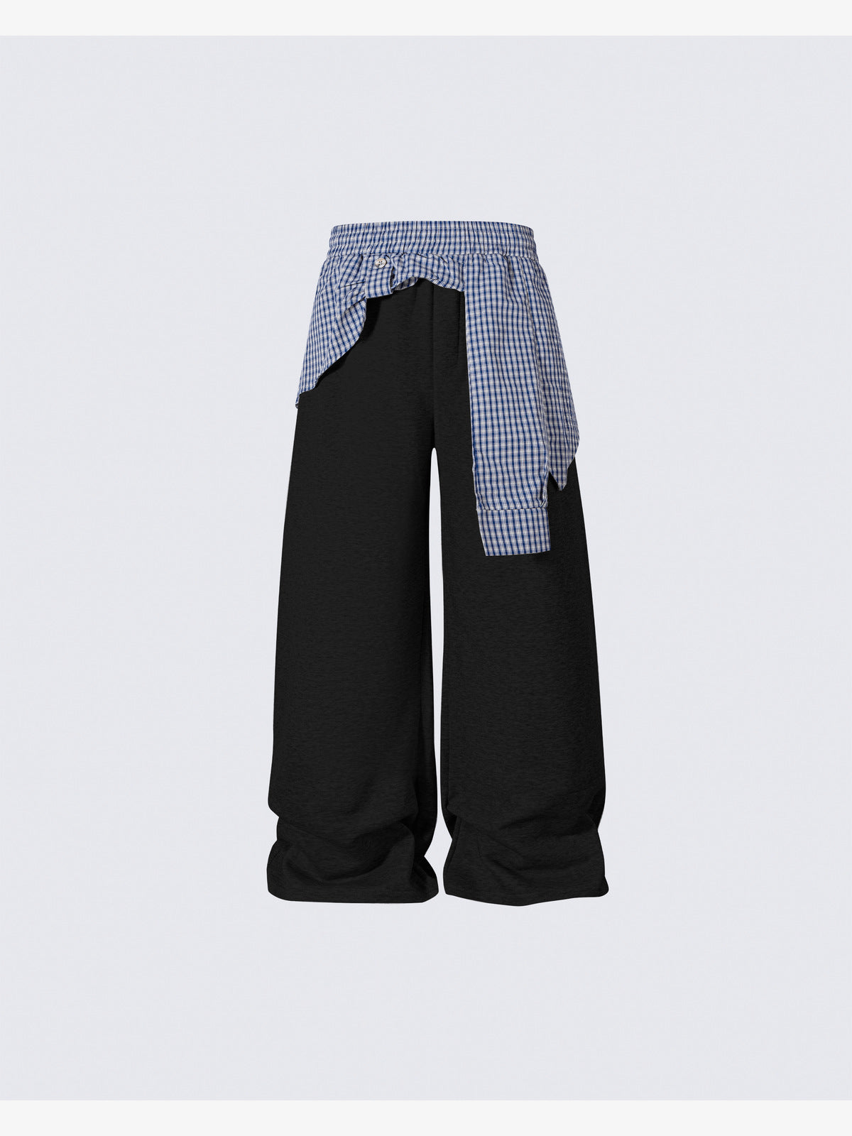 Layered Wide Leg Sweatpants with Gingham Shirt Waist – Black, front view | XoKool