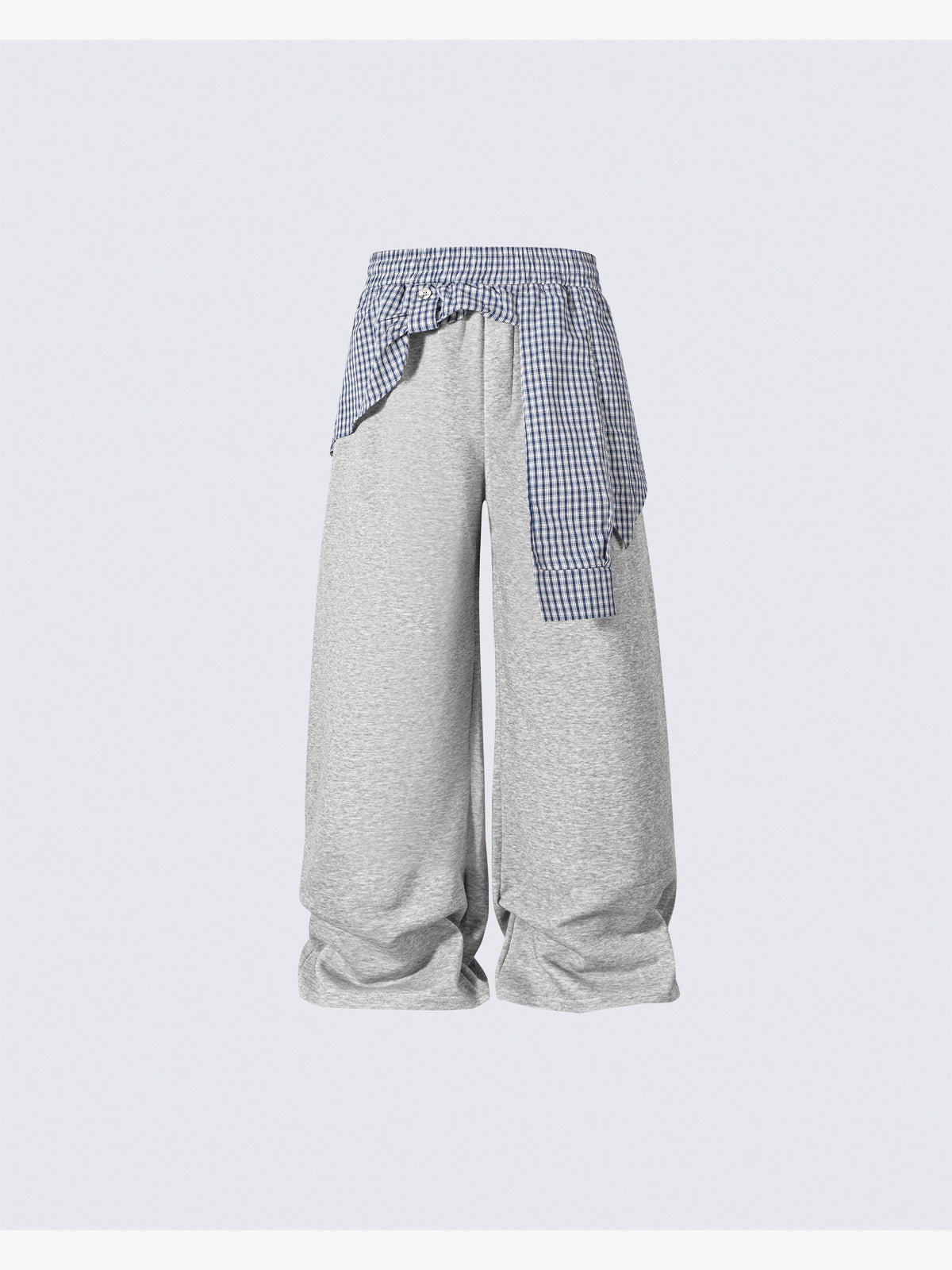 Layered Wide Leg Sweatpants with Gingham Shirt Waist – Grey, front view | XoKool