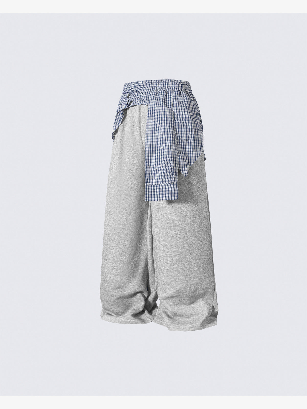 Layered Wide Leg Sweatpants with Gingham Shirt Waist – Grey, side view | XoKool