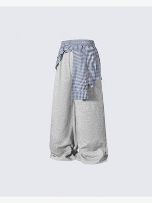 Layered Wide Leg Sweatpants with Gingham Shirt Waist – Grey, side view | XoKool