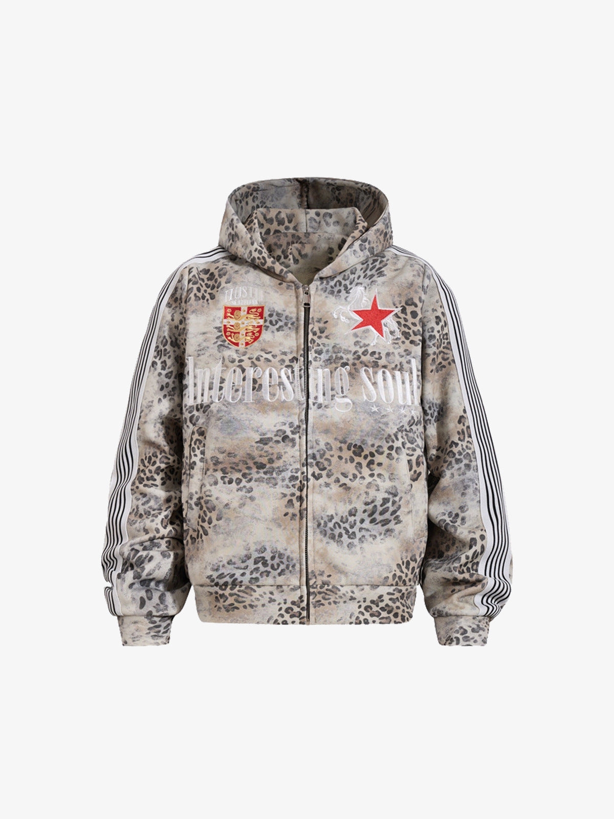 Leo-Print Zip Hoodie mit gesticktem Wappen – Beige Leo, Vorderansicht | XoKool