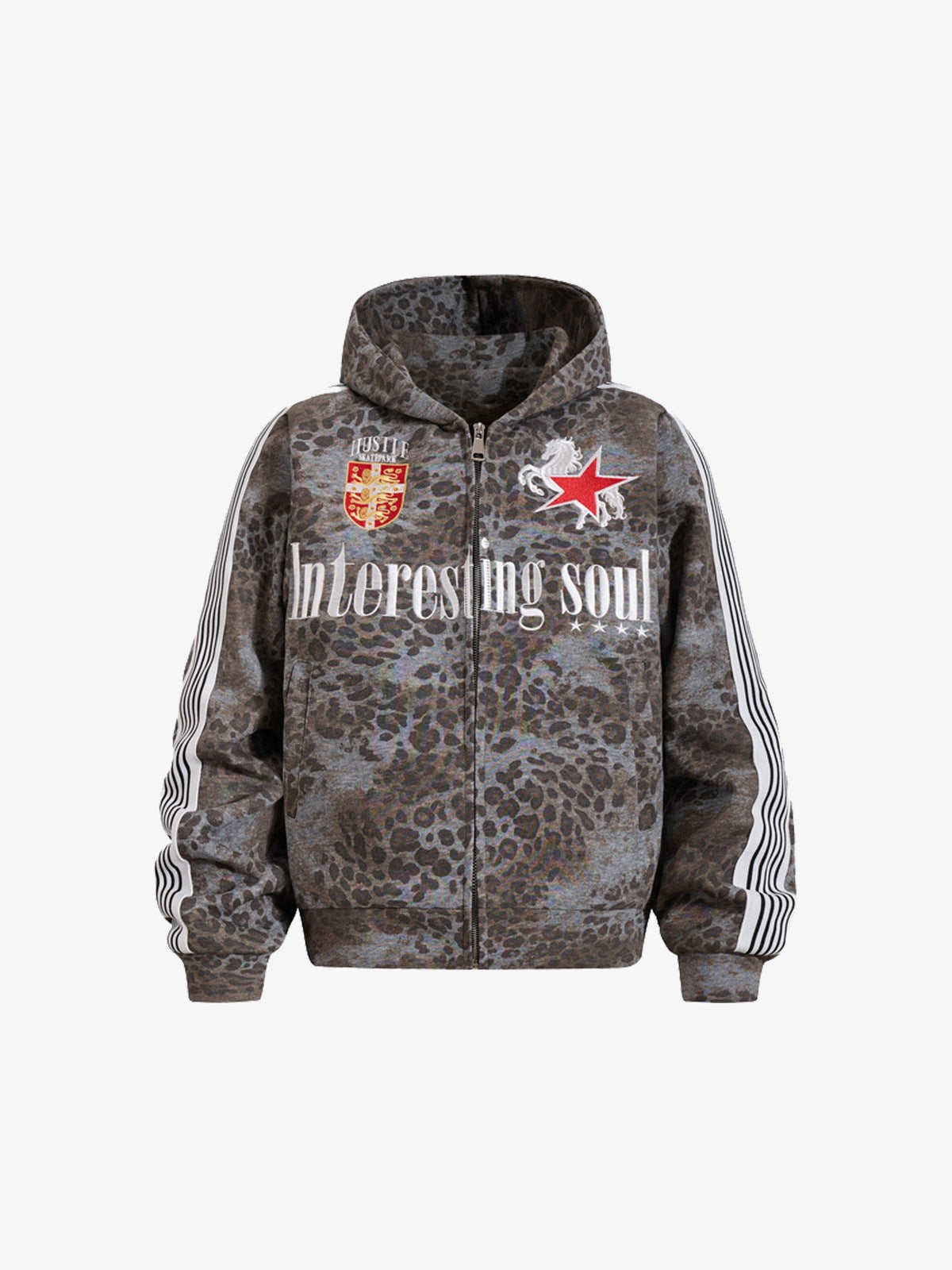 Leo-Print Zip Hoodie mit gesticktem Wappen – Dunkelgrau Leo, Vorderansicht | XoKool