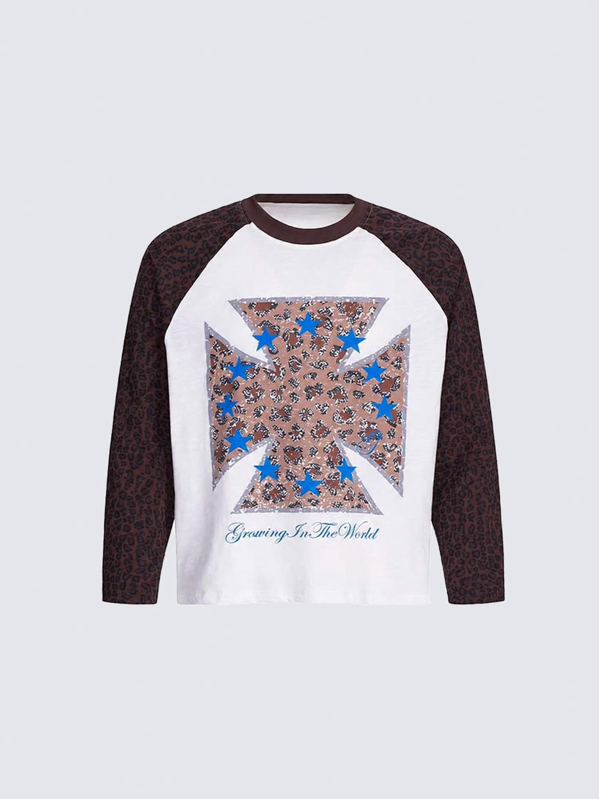 Leopard Raglan Long Sleeve Tee with Cross Graphic – White/leopard, front flat | XoKool