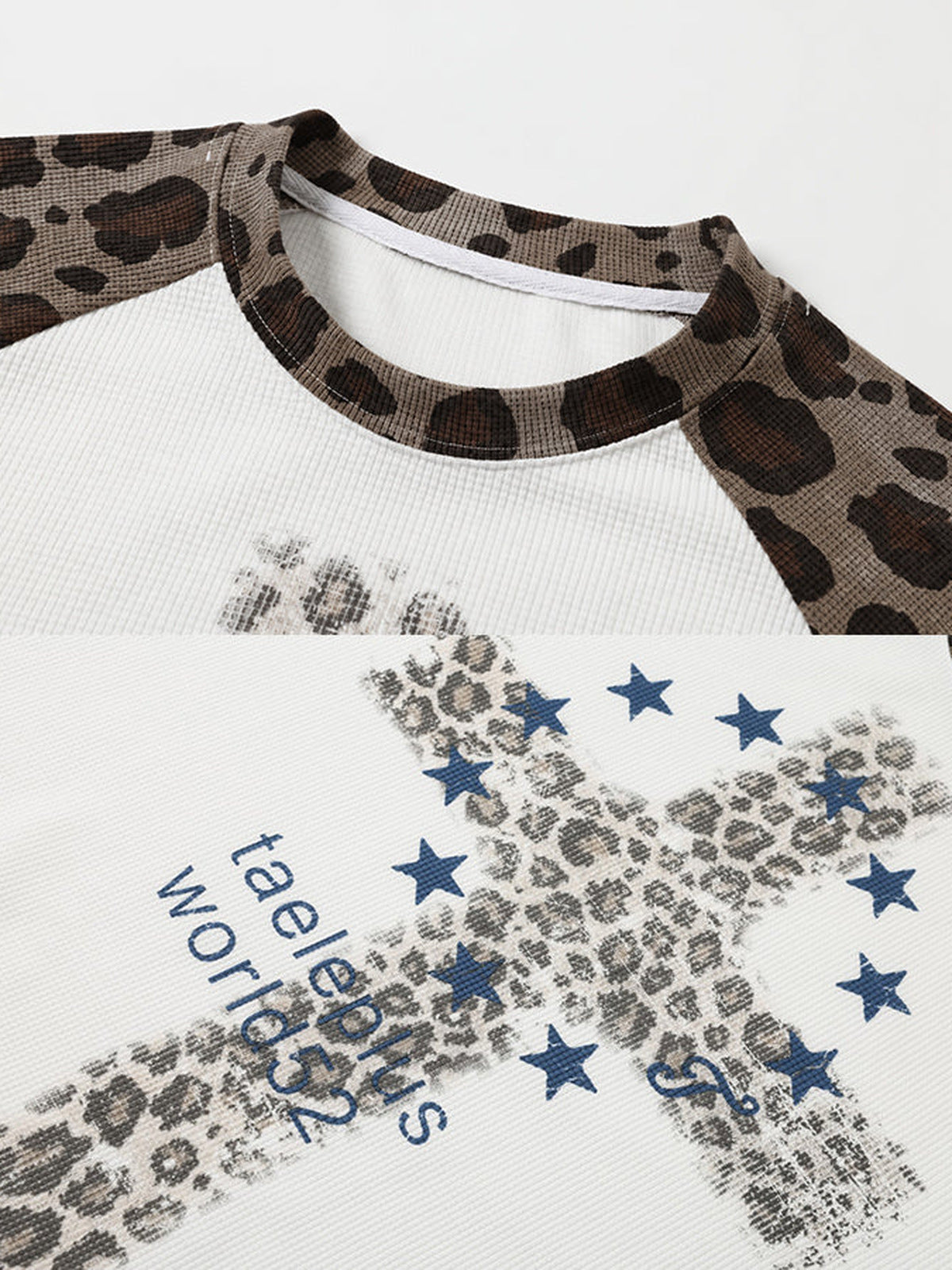 Leopard raglan long sleeve – neckline and cross print close-up | XoKool