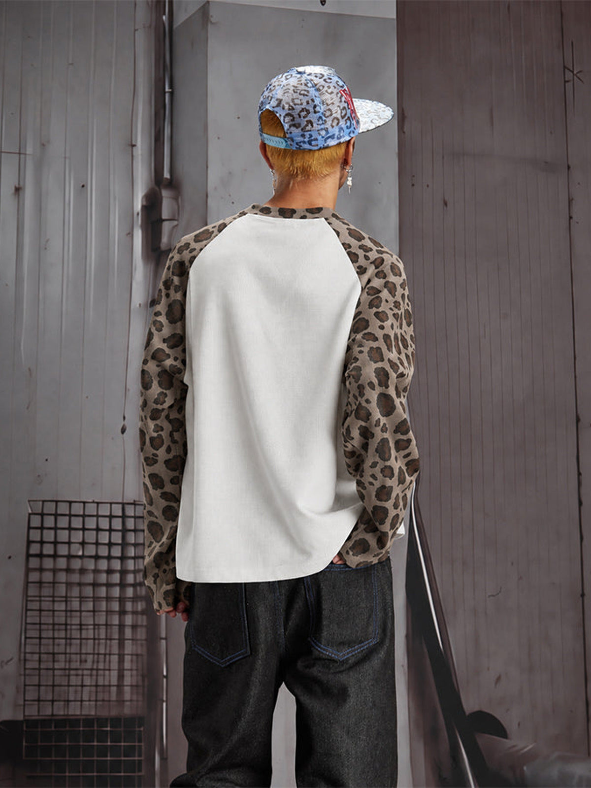 Leopard Sleeve Raglan Long Sleeve Tee with Star Cross – on model, back | XoKool