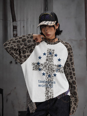 Leopard Sleeve Raglan Long Sleeve Tee with Star Cross – on model, front styled | XoKool