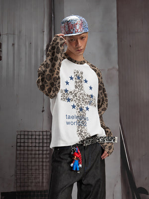 Leopard Sleeve Raglan Long Sleeve Tee with Star Cross – on model, front | XoKool