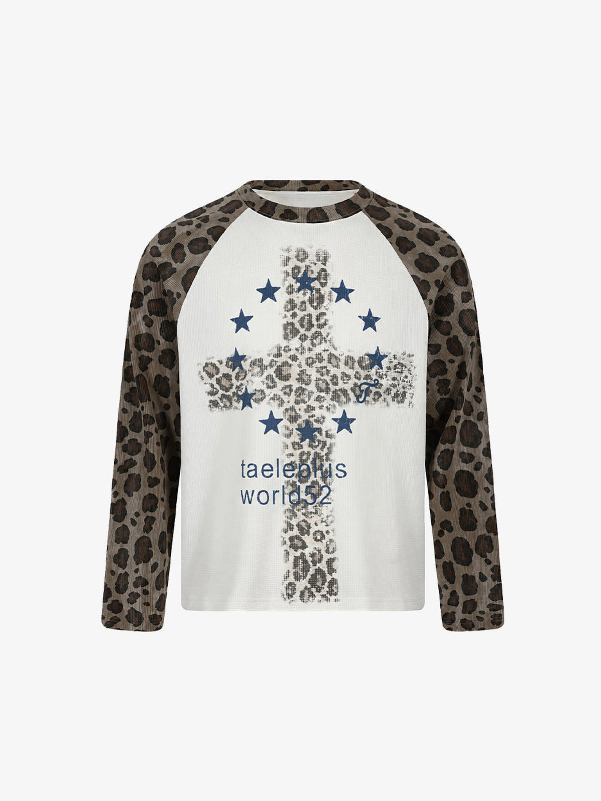 Camiseta de manga larga raglán con mangas de leopardo y cruz con estrella – Blanco/Leopardo, frente | XoKool