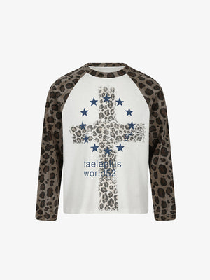 Leopard Sleeve Raglan Long Sleeve Tee with Star Cross – White/Leopard, front | XoKool