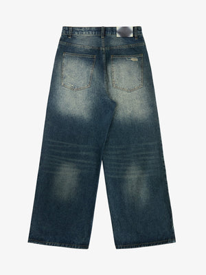Letter Embroidered Baggy Jeans in Vintage Blue – back view | XoKool