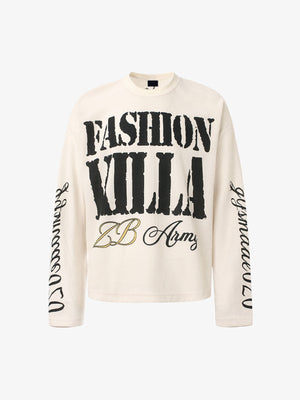 Letter Print Waffle Long Sleeve Shirt – Cream, front view | XoKool