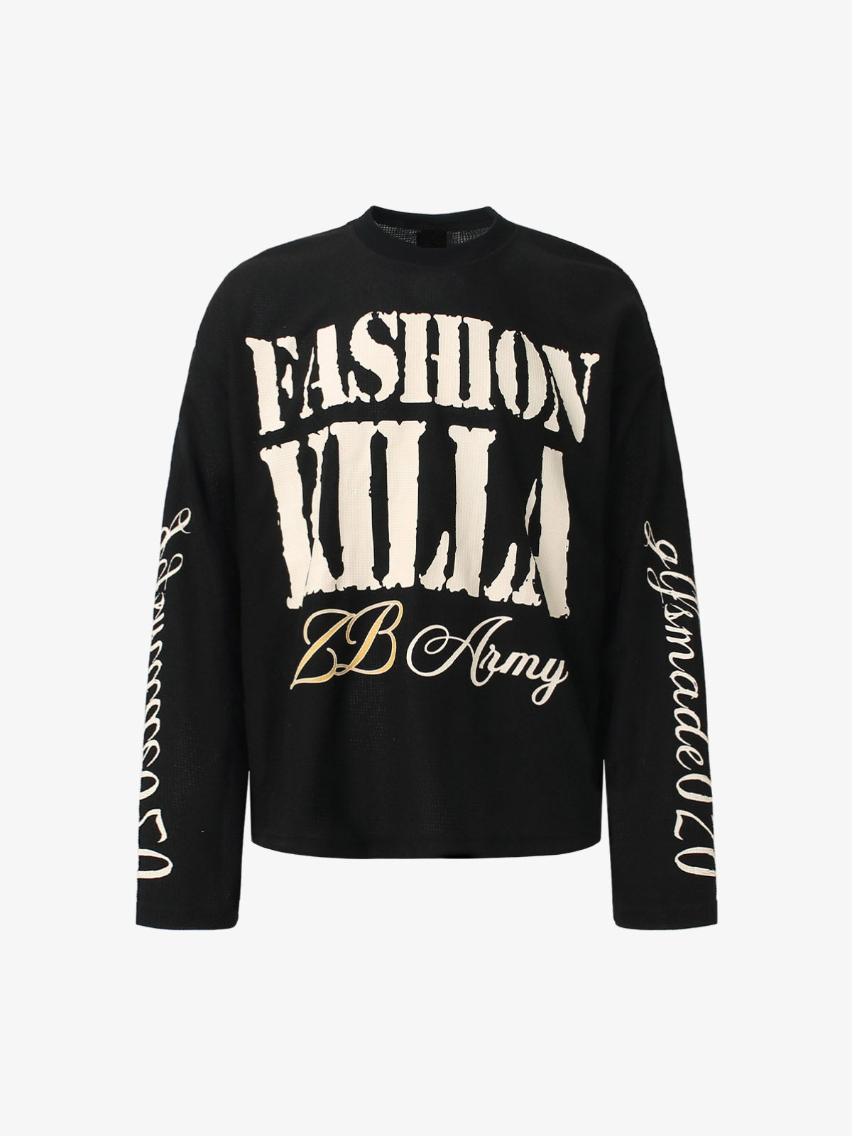 Letter Print Waffle Long Sleeve Shirt – Black, front view | XoKool