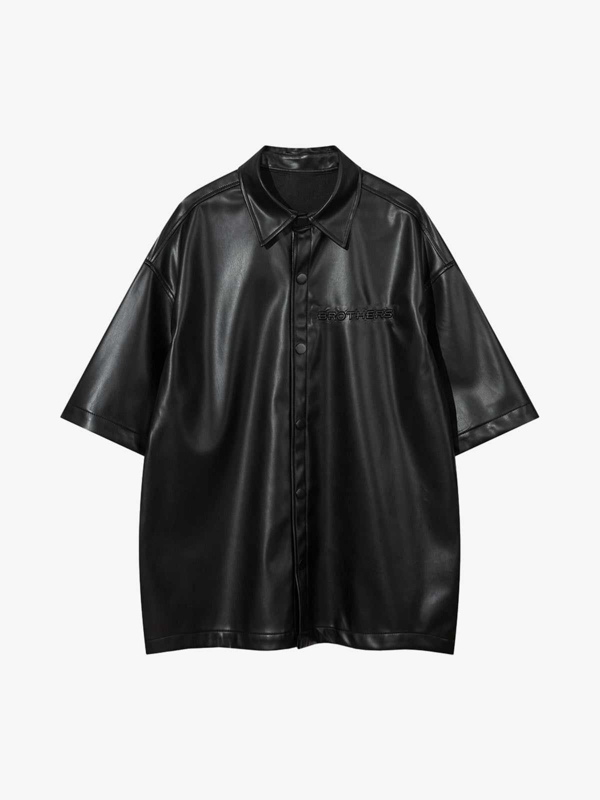 Camisa de cuero sintético negro de manga corta con botones de presión – negro, vista frontal plana | XoKool