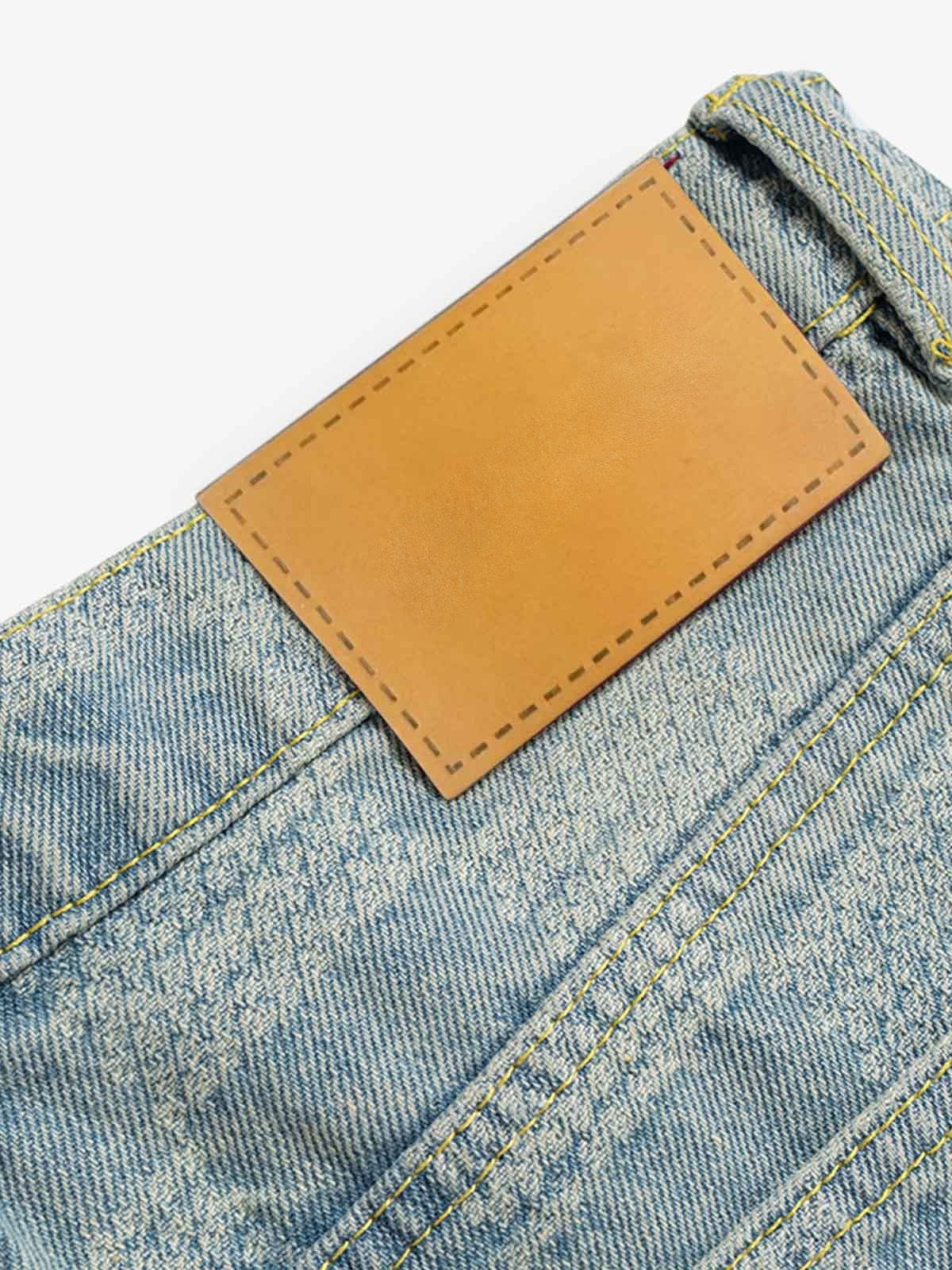 Light Blue Checkered Flare Jeans – back leather patch close-up | XoKool