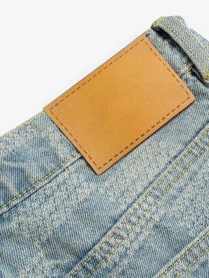 Light Blue Checkered Flare Jeans – back leather patch close-up | XoKool