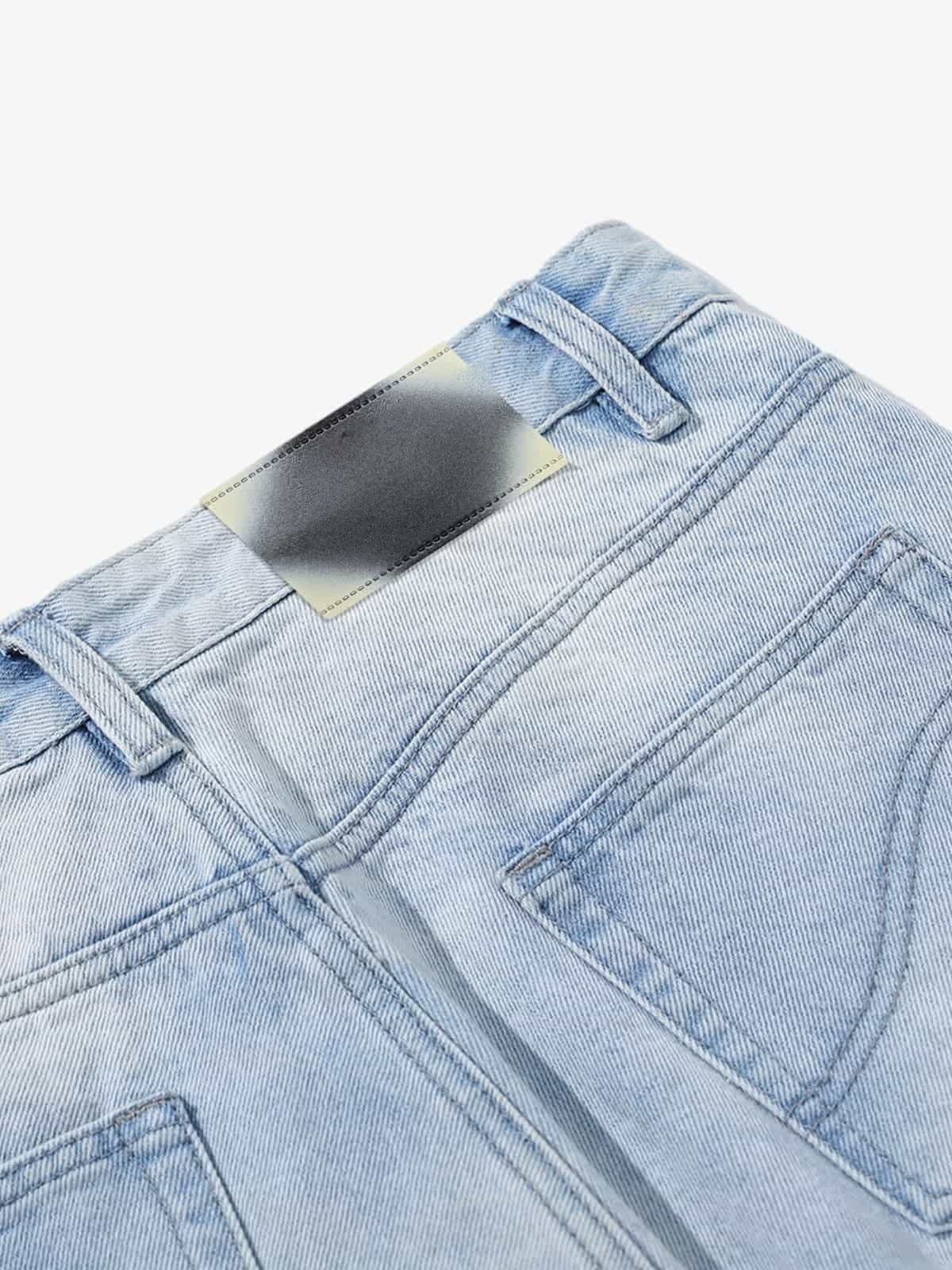 Light Blue Patched Flare Jeans – back waistband close-up | XoKool