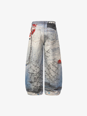 Light Blue Printed Baggy Jeans with Chain – back view flat | XoKool
