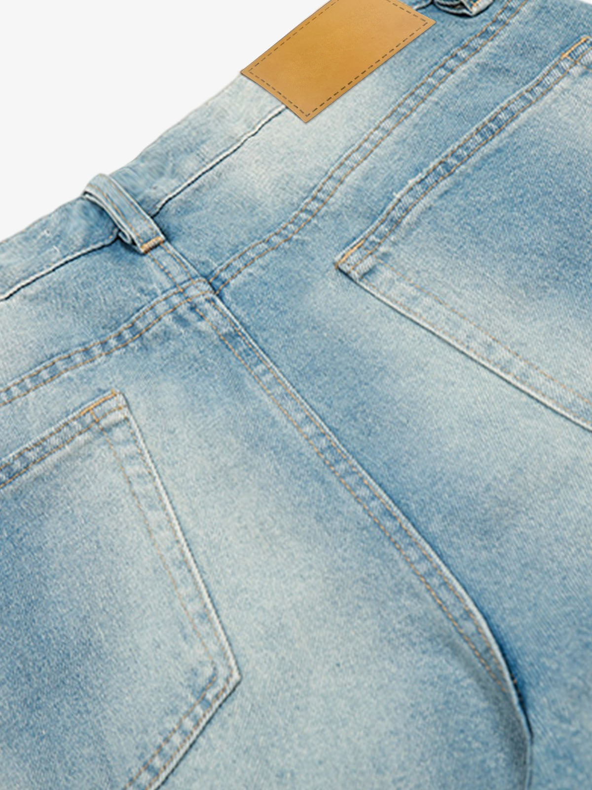 Light Blue Raw Hem Baggy Jorts – back waist patch close-up | XoKool