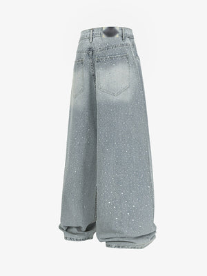 Light Blue Rhinestone Baggy Jeans – Light Blue, back view | XoKool