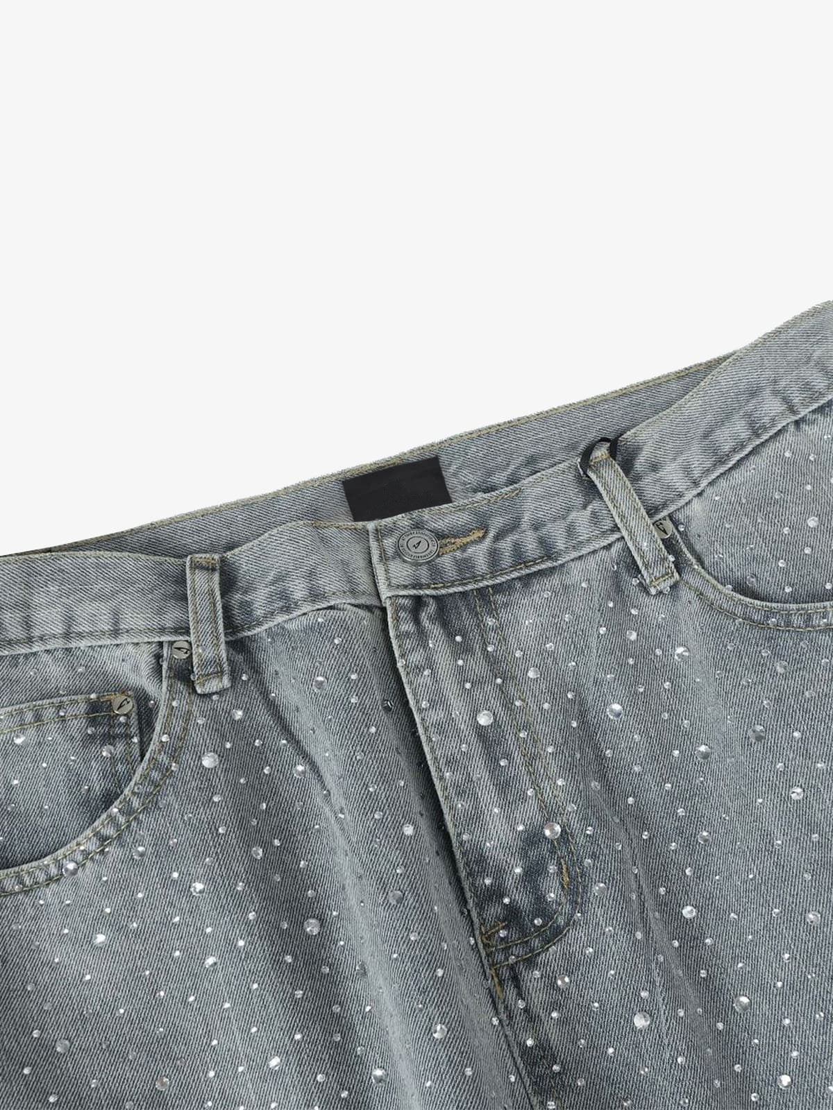 Rhinestone baggy jeans – Light Blue, front waistband close-up | XoKool