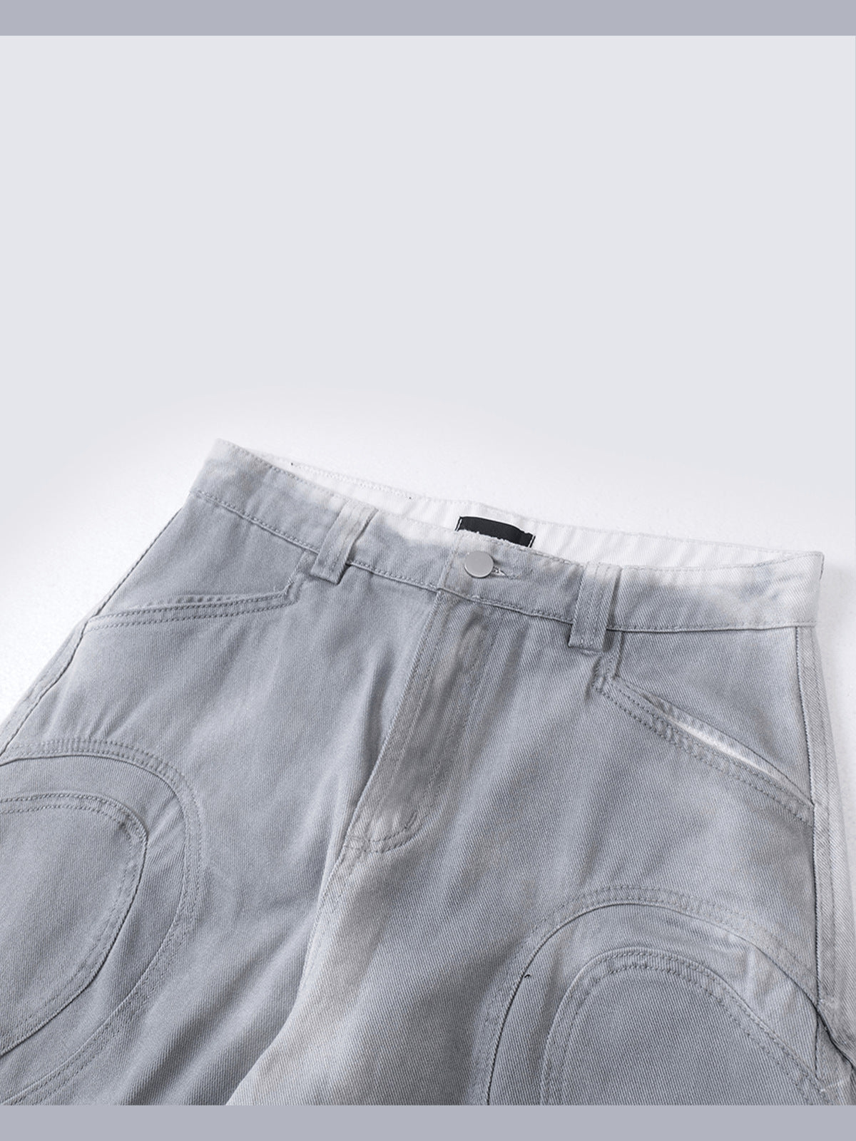 Light Grey Barrel Jeans with Curved Panels – front waistband close-up | XoKool
