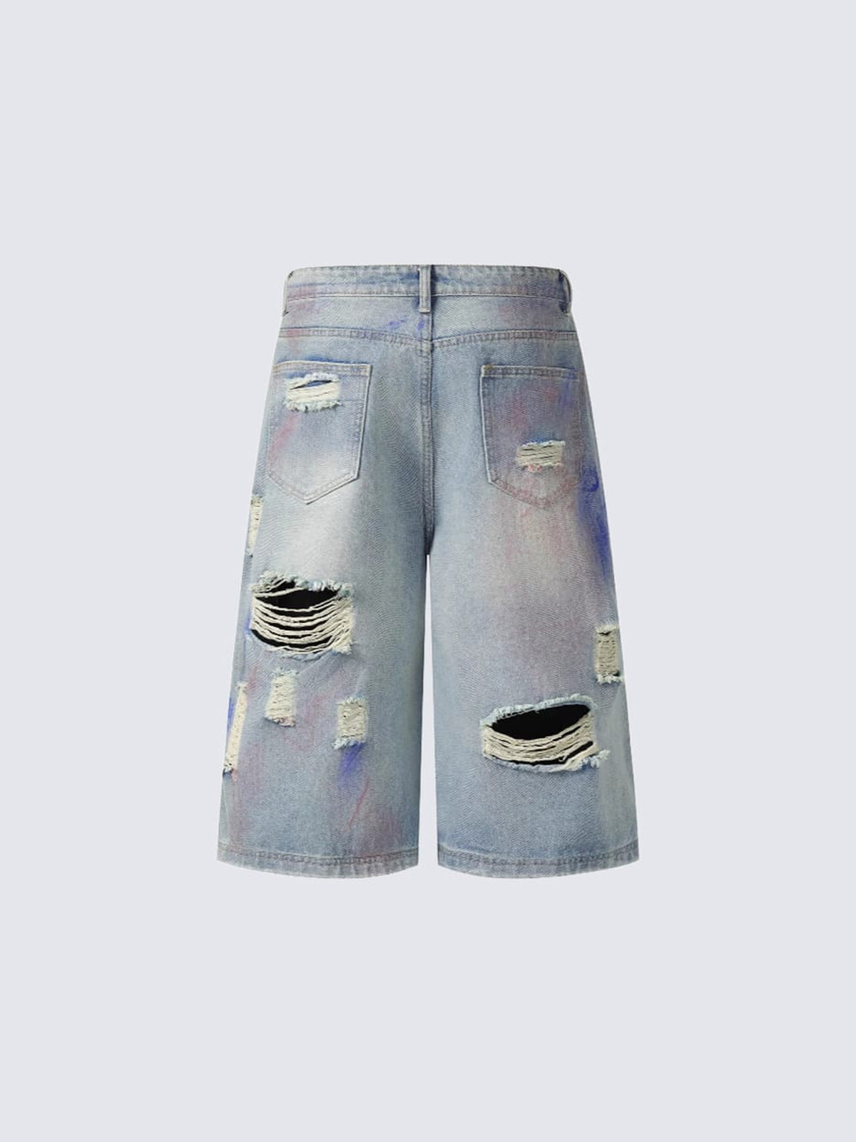 Baggy Jorts im Light Wash mit Rissen und Farbspritzern – Rückansicht flach | XoKool