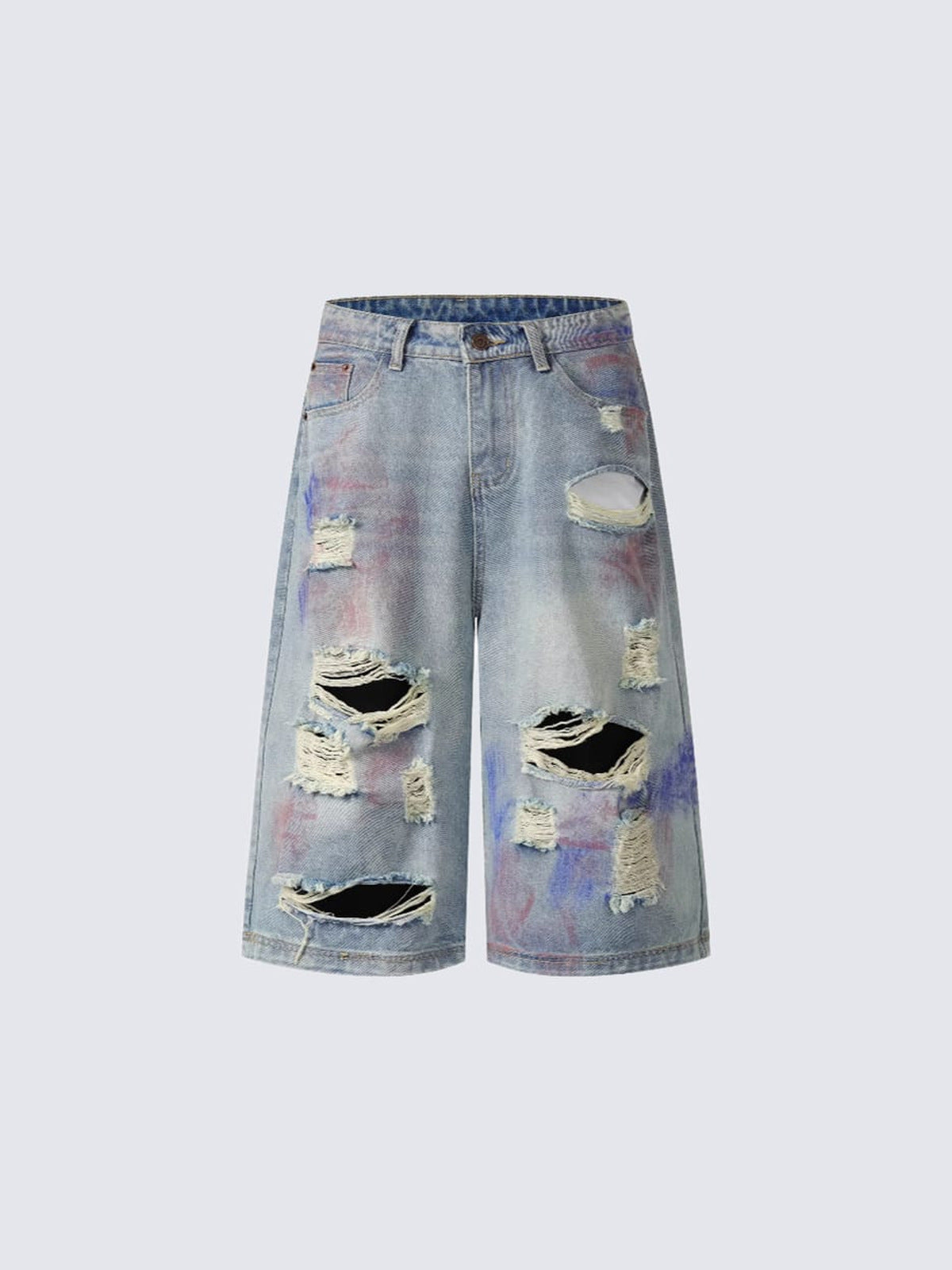 Baggy Jorts im Light Wash mit Rissen und Farbspritzern – Vorderansicht flach | XoKool