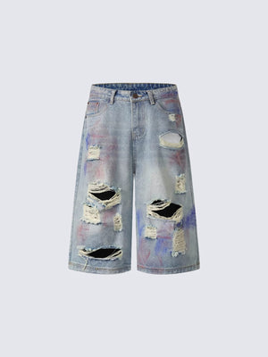 Baggy Jorts im Light Wash mit Rissen und Farbspritzern – Vorderansicht flach | XoKool