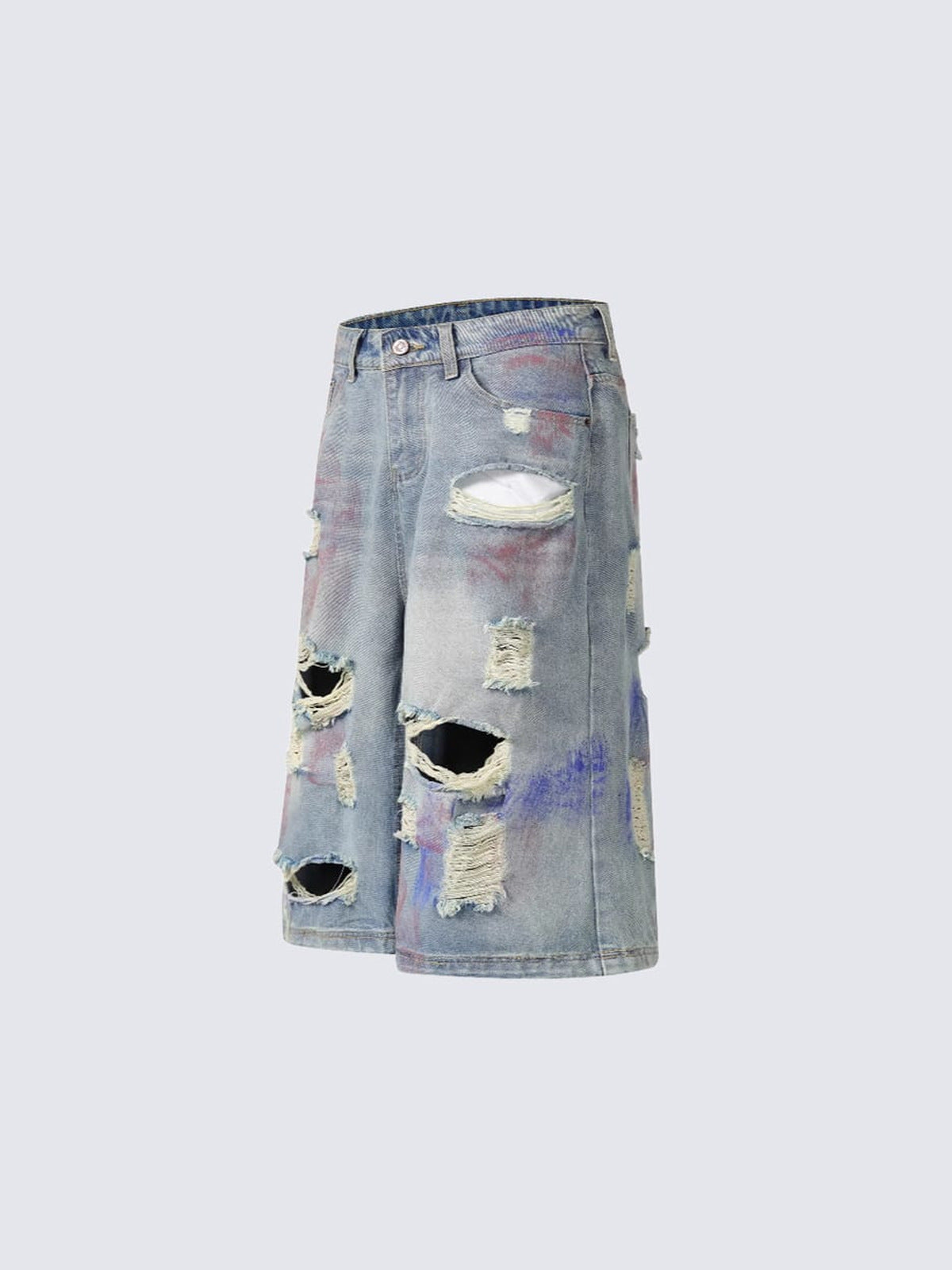 Baggy Jorts im Light Wash mit Rissen und Farbspritzern – Seitenansicht flach | XoKool