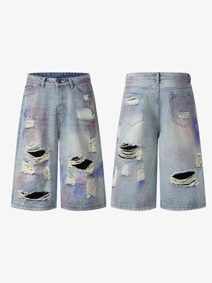 Baggy Jorts im Light Wash mit Rissen und Farbspritzern – Vorder- und Rückansicht | XoKool