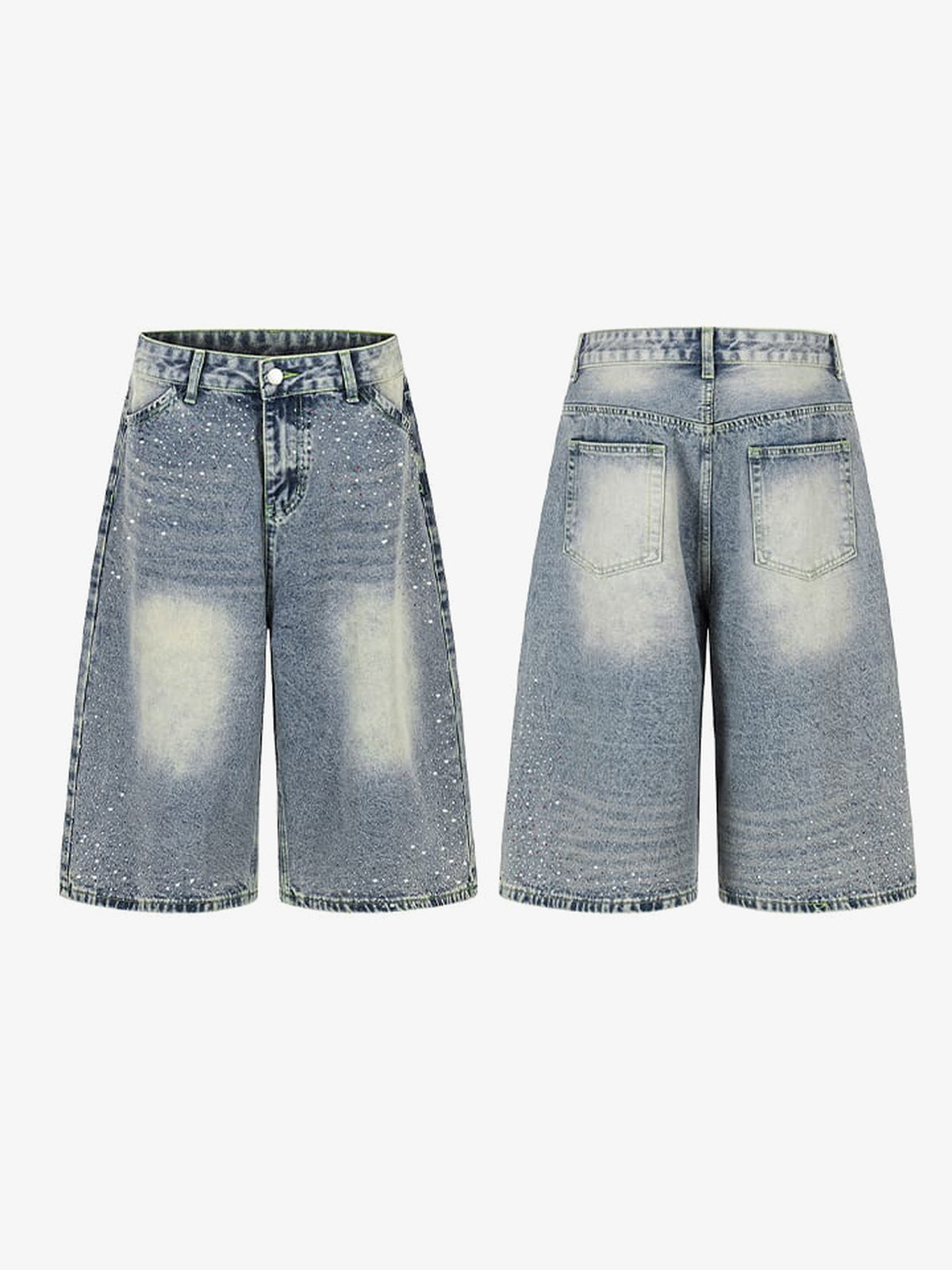Jorts mit Strasssteinen in Light Wash – Vorder- und Rückansicht flach | XoKool