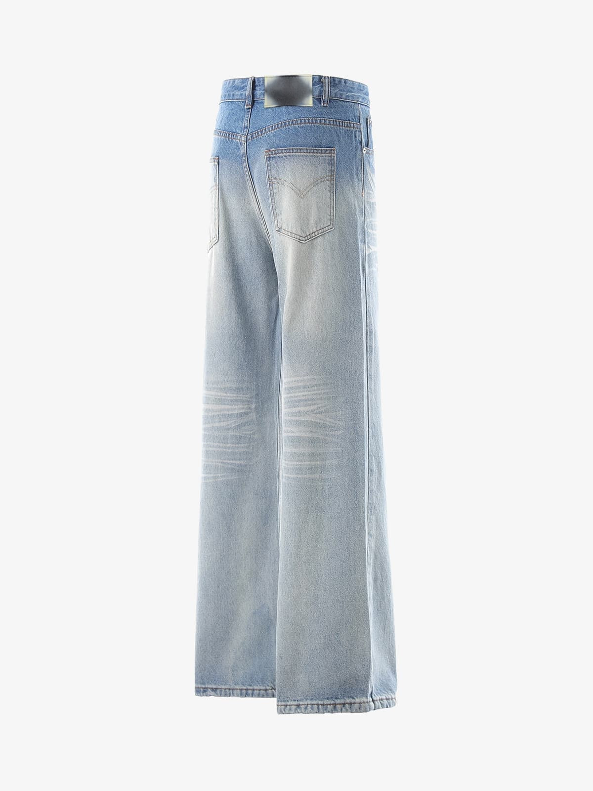 Light Wash Wide Flare Jeans with Whiskering – Light Blue, side back view | XoKool