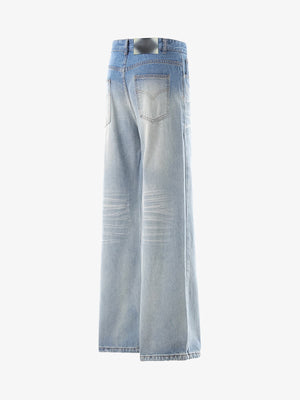 Light Wash Wide Flare Jeans with Whiskering – Light Blue, side back view | XoKool