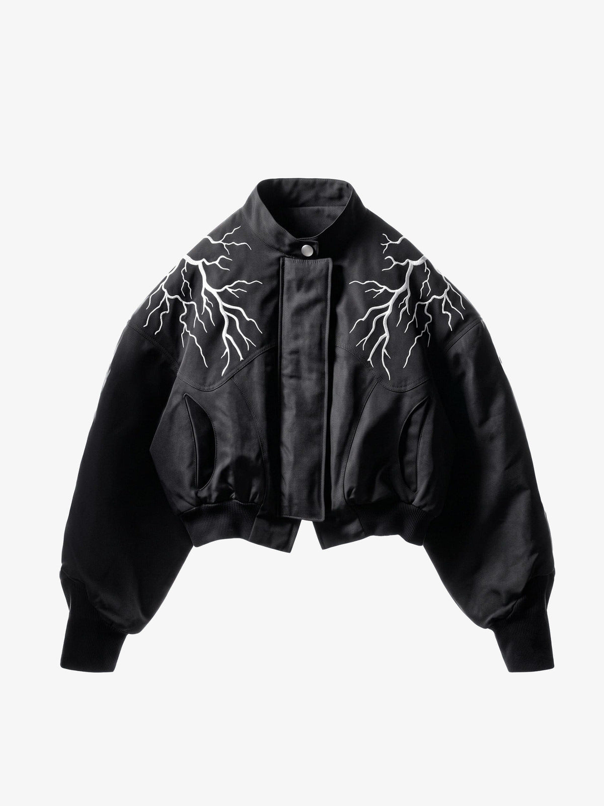 Lightning Bolt Embroidered Cropped Bomber Jacket – Black, front view | XoKool