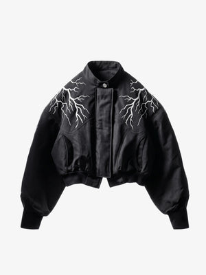 Lightning Bolt Embroidered Cropped Bomber Jacket – Black, front view | XoKool