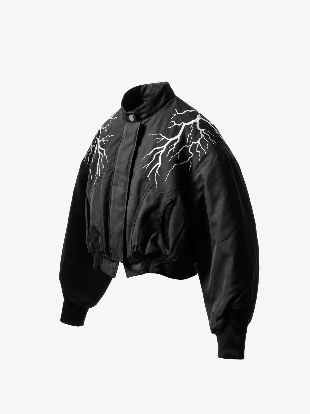 Lightning Bolt Embroidered Cropped Bomber Jacket – Black, side view | XoKool