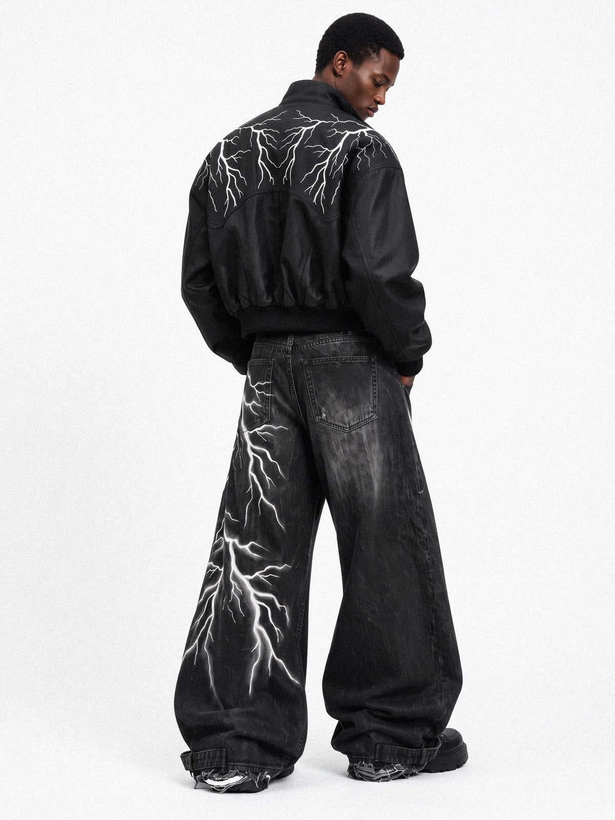 Lightning Bolt Embroidered Cropped Bomber Jacket – on model, back | XoKool