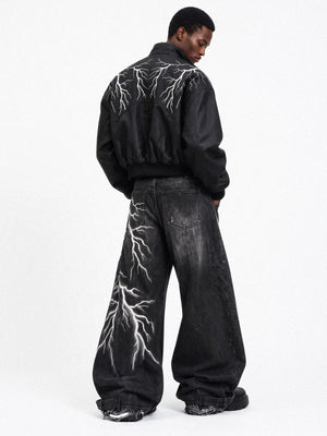 Lightning Bolt Embroidered Cropped Bomber Jacket – on model, back | XoKool