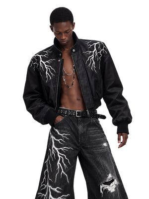 Lightning Bolt Embroidered Cropped Bomber Jacket – on model, front | XoKool