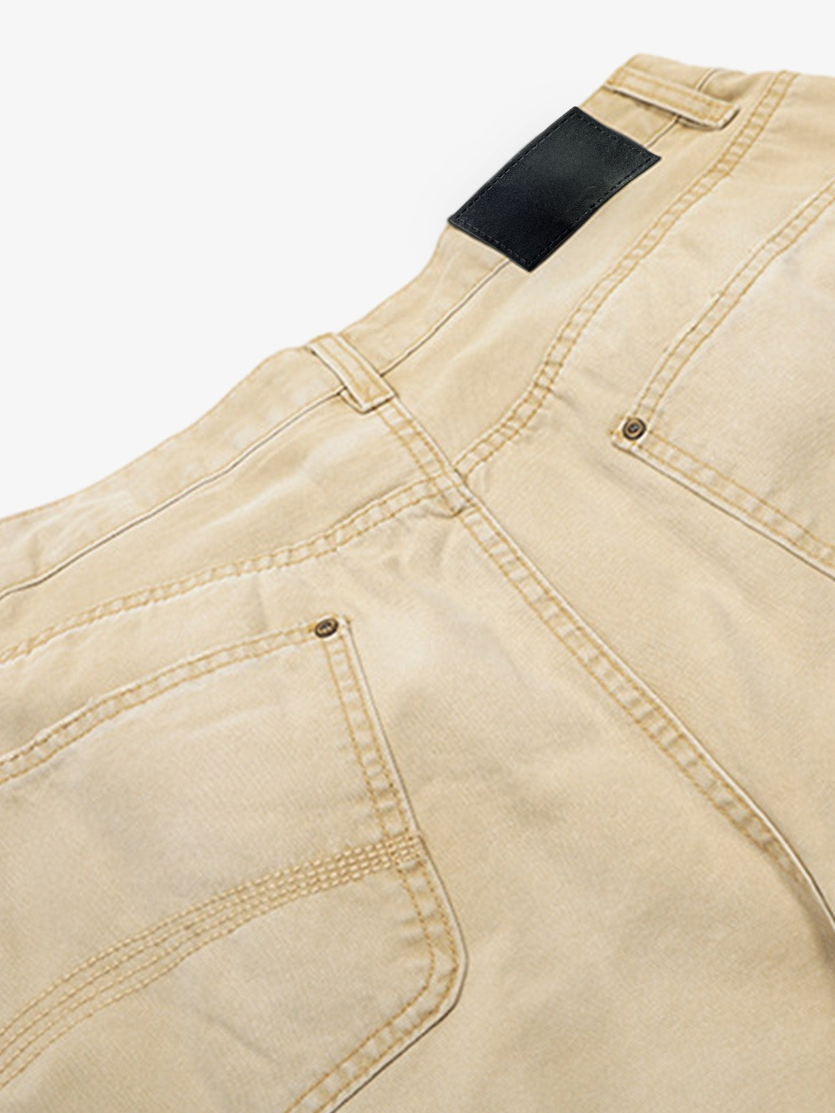 Long Baggy Washed Shorts in Khaki and Black – Khaki, back waistband close-up | XoKool