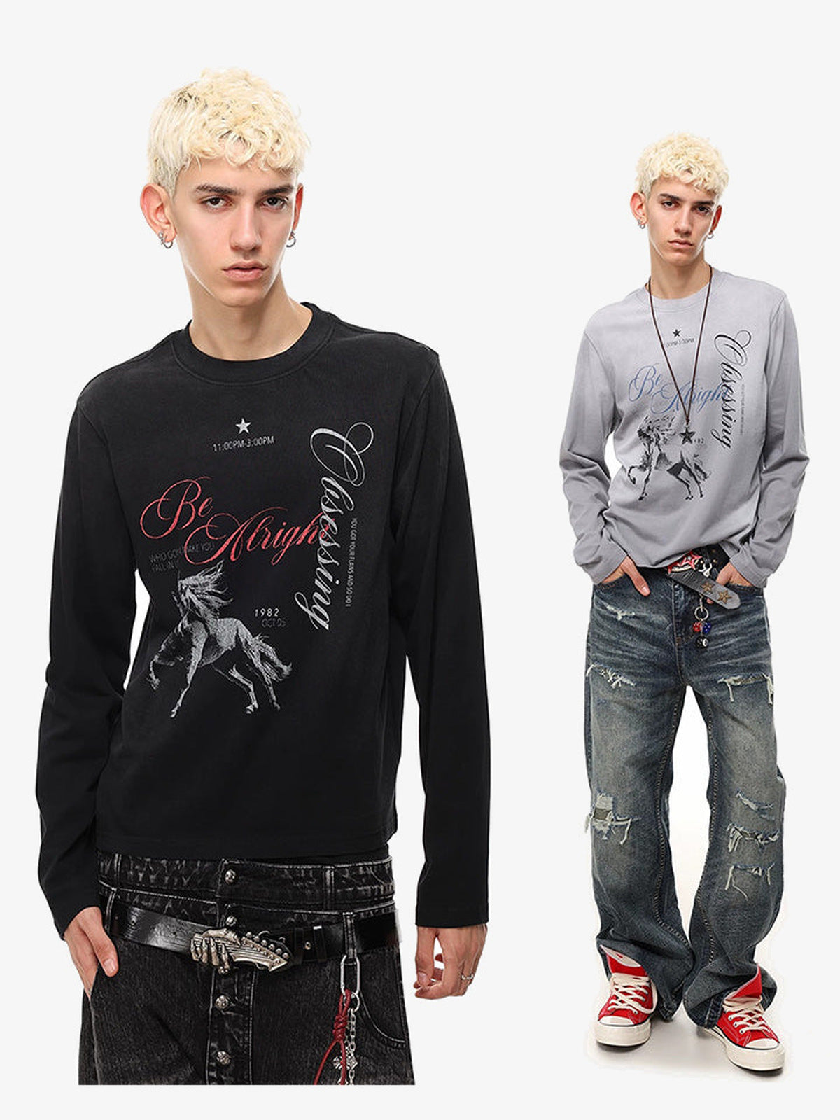 Longsleeve Graphic T-Shirt mit Pferd und Schriftzug-Print – Schwarz und Blaugrau, an Models, Vorderansicht | XoKool