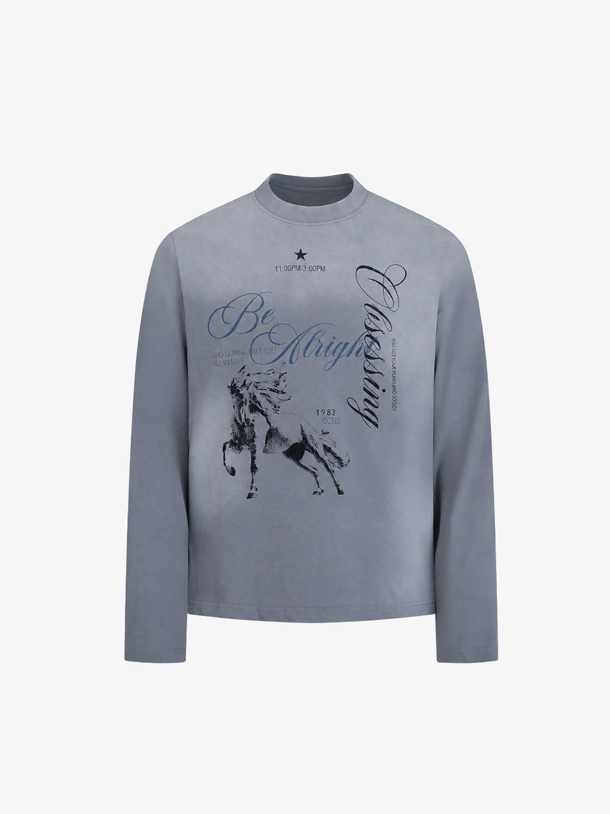 Longsleeve Graphic T-Shirt mit Pferd und Schriftzug-Print – Blaugrau, Vorderseite flach | XoKool