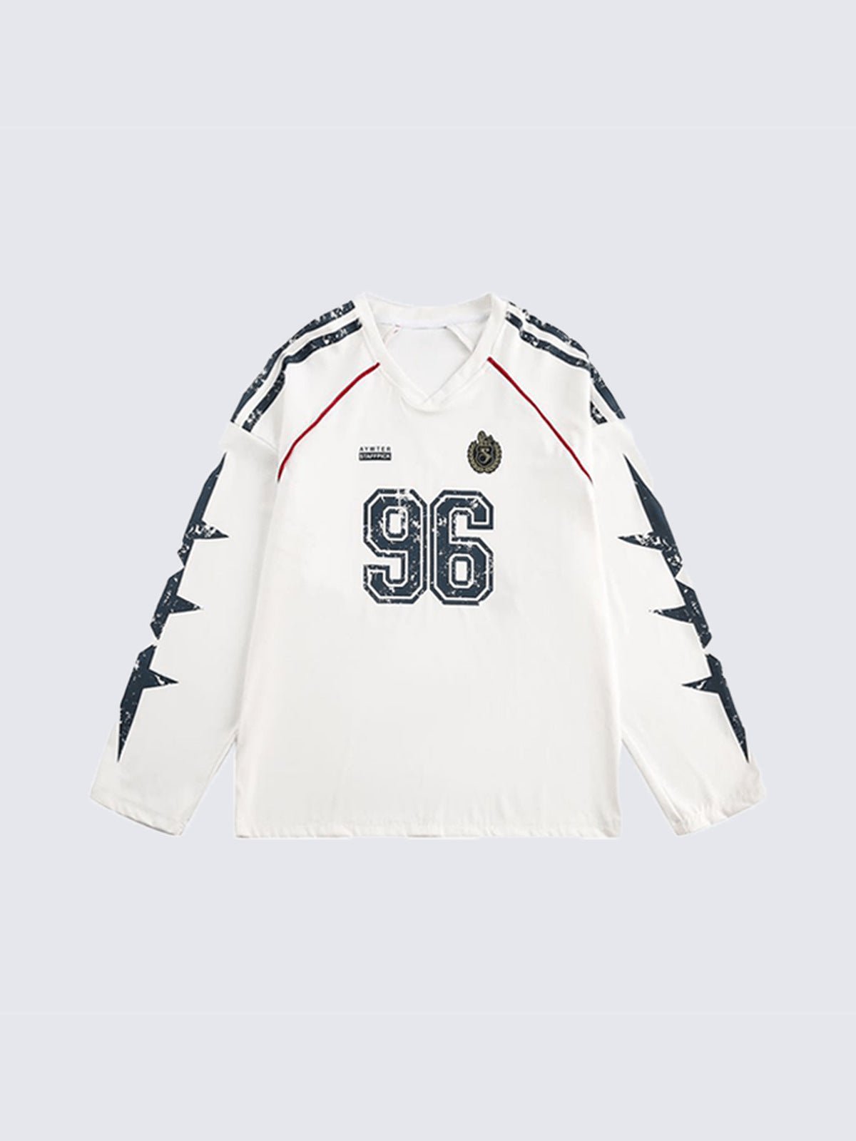 Long Sleeve V-Neck Jersey with Number 96 Print – White, front flat view | XoKool