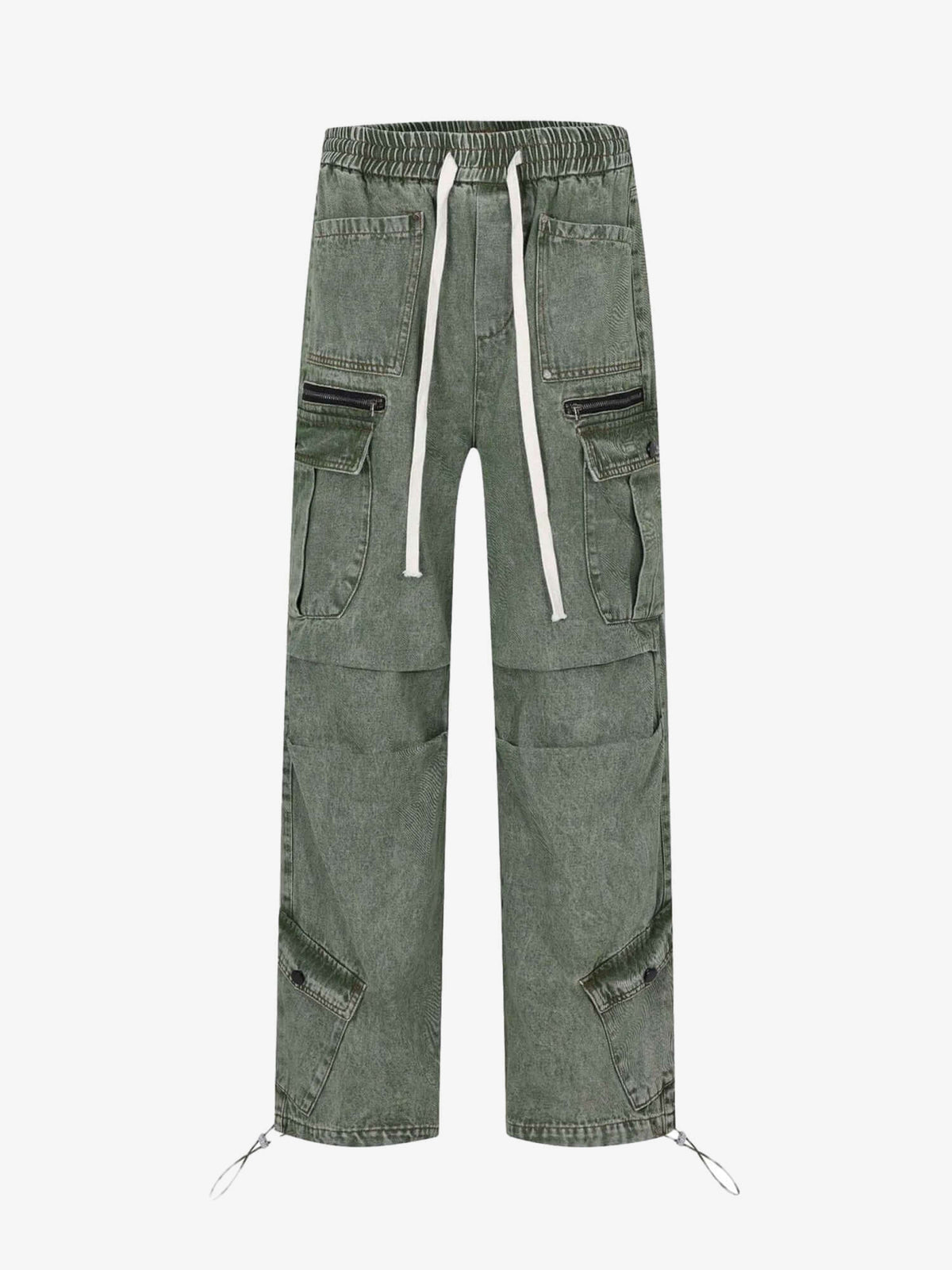 Washed Green Baggy Cargo Jeans with Drawstring – Green, front flat | XoKool