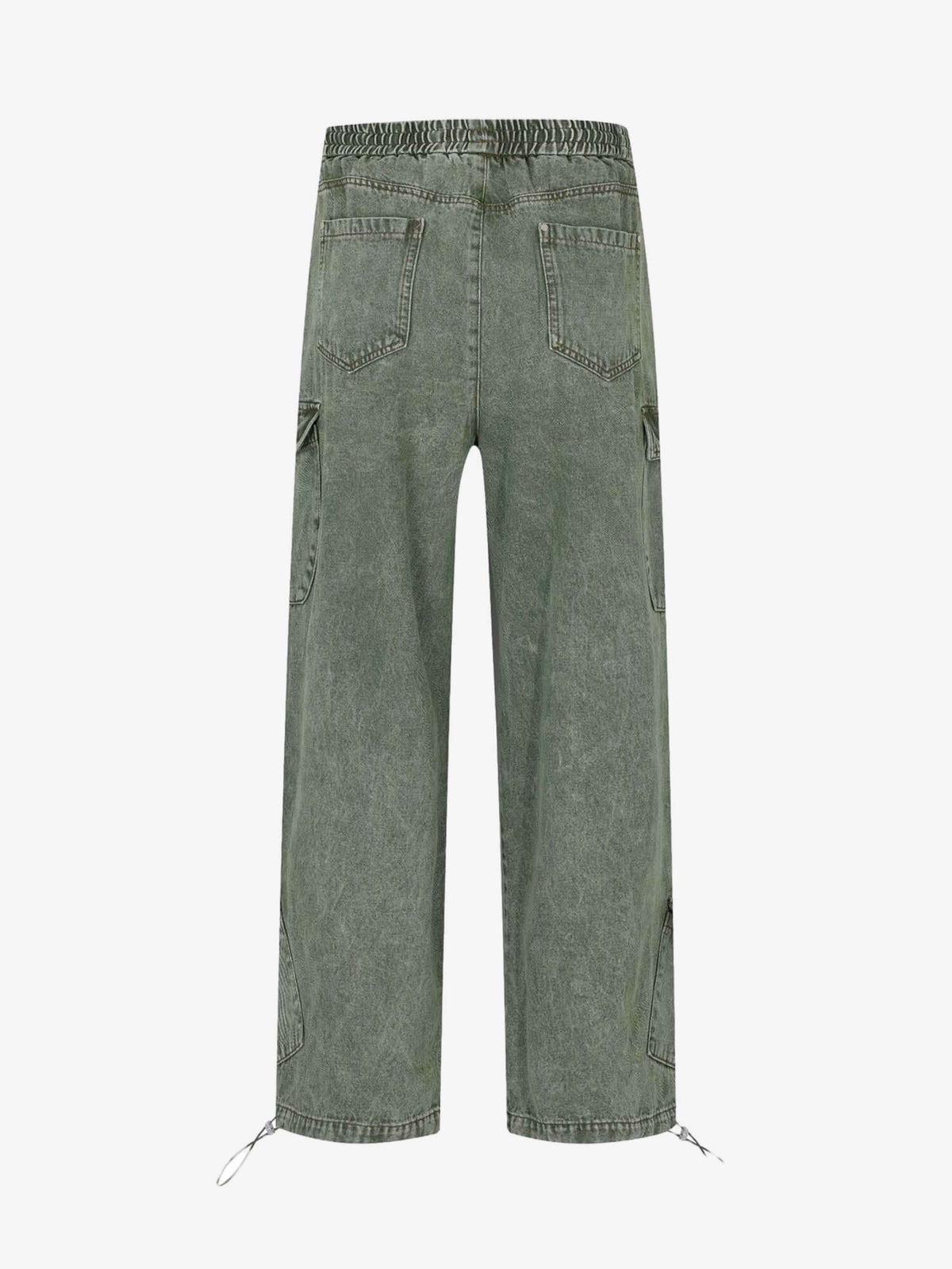 Washed Green Baggy Cargo Jeans with Drawstring – Green, back flat | XoKool