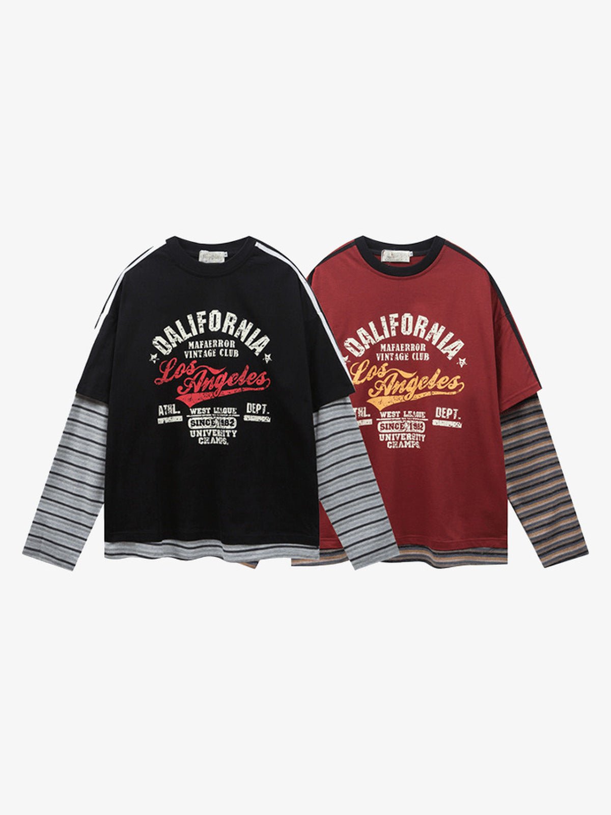 Los Angeles Layered Tee with Striped Sleeves – Black and Burgundy, front | XoKool