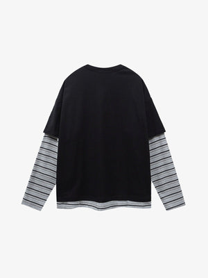 Los Angeles Layered Tee with Striped Sleeves – Black, back flat | XoKool