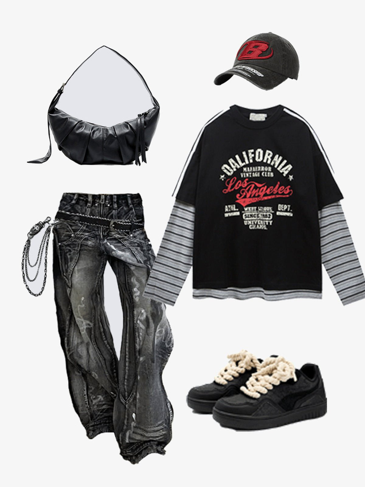 Los Angeles Layered Tee with Striped Sleeves – Black, flat lay outfit with bag, cap, jeans, sneakers | XoKool